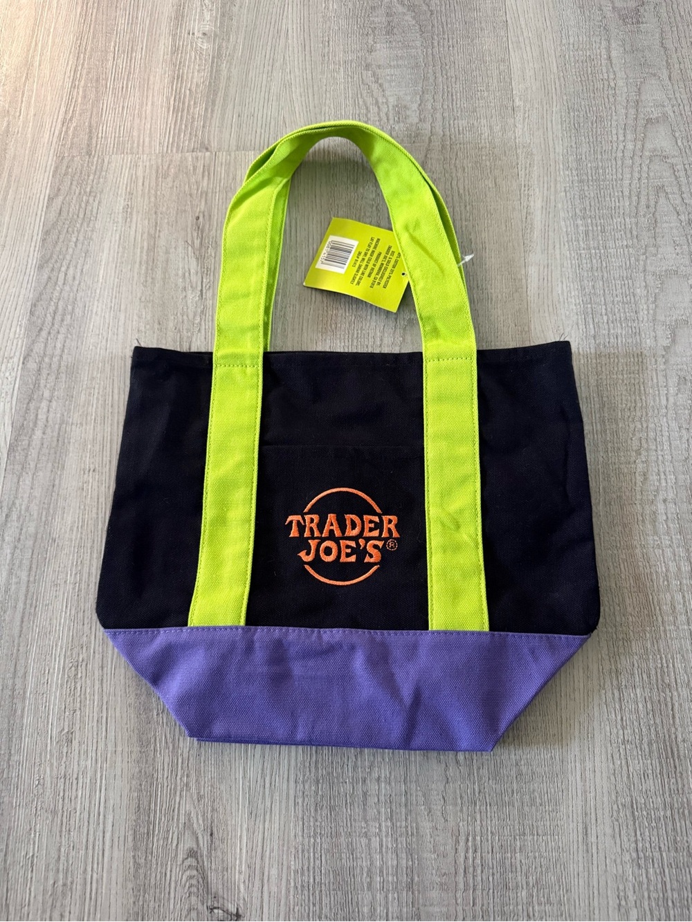 Brand New w Tags Trader Joe's Black Canvas Tote with Lime Handles and Purple - Picture 5 of 5